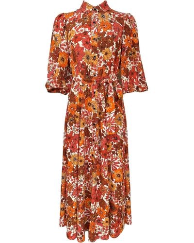 Lavaand Maxi Shirt Dress In Autumn Floral Print - Orange