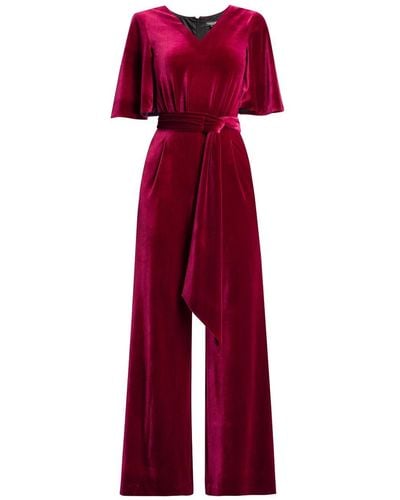 Rumour London Layla Velvet Jumpsuit With Bell Sleeves & Sash In Burgundy - Red