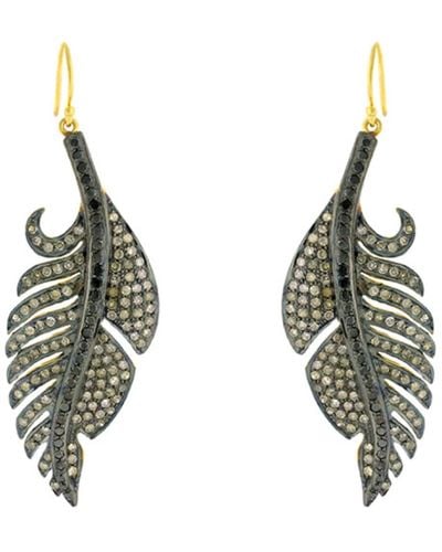 Artisan Natural Diamond Pave Feather Dangle Earrings In 925 Silver With 18k Yellow Gold - Green