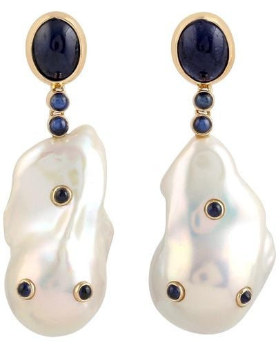 Artisan Handmade 18k Yellow Gold Natural Sapphire & Pearl Dangle Earrings - White