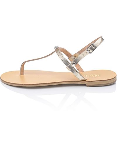 Ancientoo Peitho Handcrafted Leather 's T Strap Sandals With Gems - Metallic