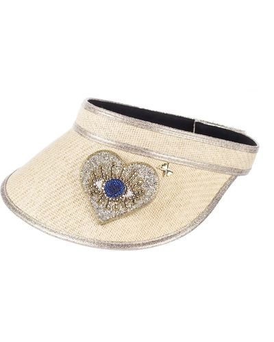 Laines London Straw Woven Visor With Embellished Couture Gold & Blue Heart Eye Brooch - Natural