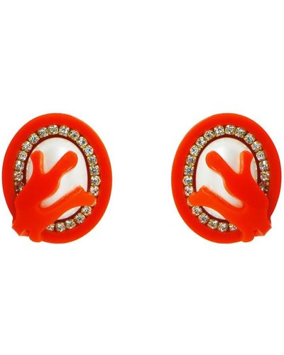 Gissa Bicalho Handmade Earring Oval Pearl And Strass Orange - Red