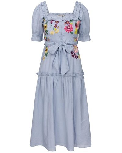 Hope & Ivy The Tamara Embroidered Puff Sleeve Square Neck Maxi Dress With Waist Tie - Blue