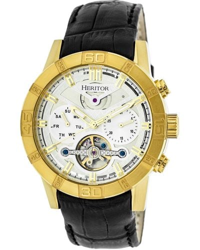 Heritor Hannibal Semi-skeleton Leather-band Watch With Day And Date - Metallic
