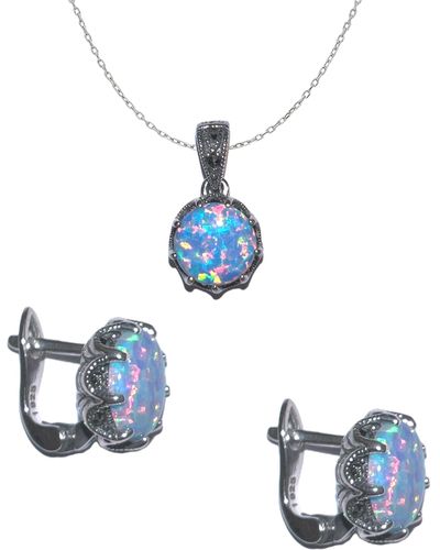 Spero London Circle High Quality Opal Sterling Silver Earring & Necklace Set - Blue