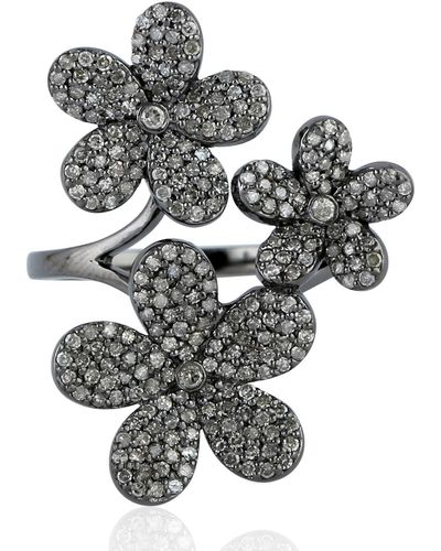 Artisan Natural Diamond Pave Daisy Flower Shape Ring In 925 Sterling Silver Jewelry - Gray