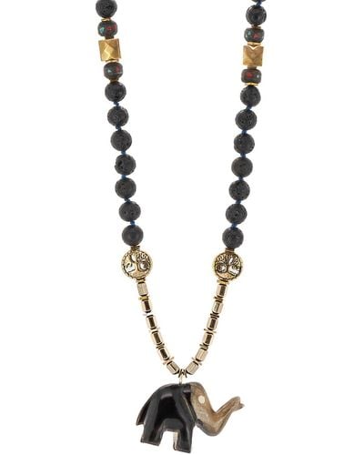 Ebru Jewelry Spiritual Nepal Elephant Black Lava Rock Stone Beaded Necklace - Metallic