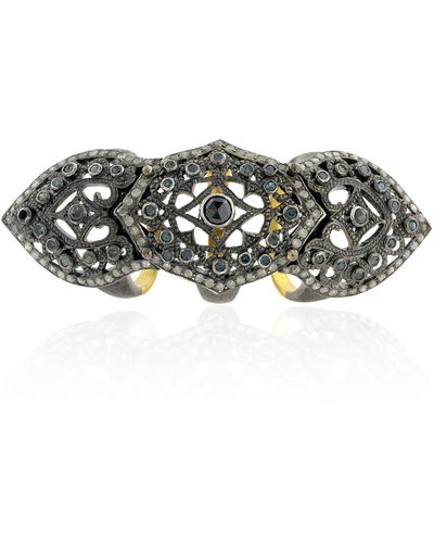 Artisan Pave Diamond 18k Gold 925 Sterling Silver Long Ring Jewelry - Metallic