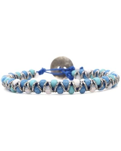 Shar Oke Turquoise, White & Blue Czech Beads & Blue Leather Beaded Bracelet