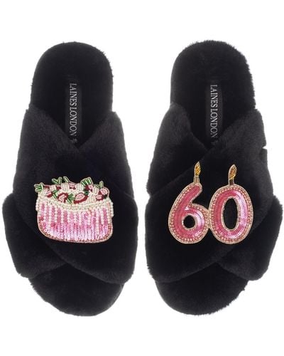 Laines London Classic Laines Slippers With 60th Birthday & Cake Brooches - Blue