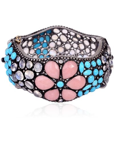 Artisan 14k Gold 925 Silver In Pink Opal & Turquoise With Moonstone Pave Diamond Vintage Bangle - Blue