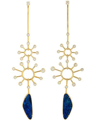 Artisan 18k Solid Gold In Bezel Set Opal Doublet & Diamond Stars Sparkling Dangle Earrings - Metallic