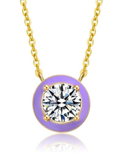 Genevive Jewelry Rachel Glauber Yellow Gold With Clear Cubic Zirconia Solitaire Purple Enamel Petite Halo Pendant Layering Necklace - Blue