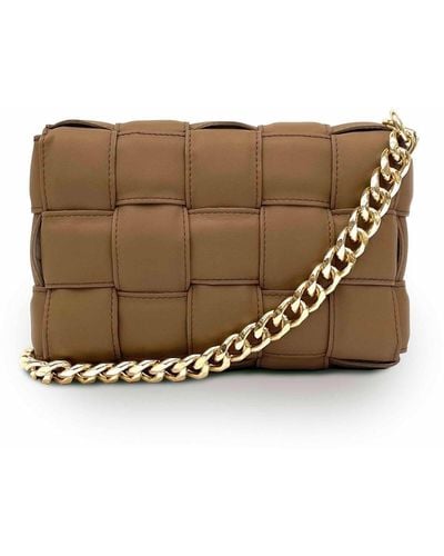 Apatchy London Latte Padded Woven Leather Crossbody Bag With Gold Chain Strap - Brown