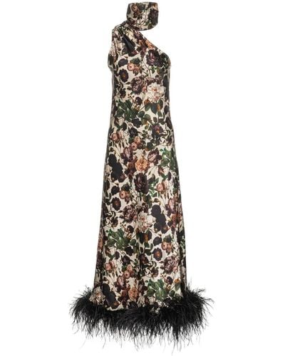 Vasiliki Atelier Liya Asymmetric Silk Maxi Dress With Faux Feather Boa - Black