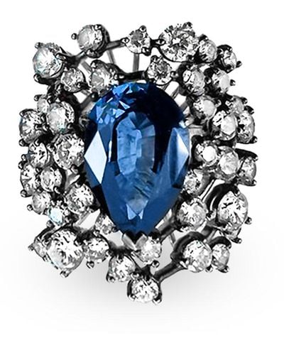 SALLY SKOUFIS Sapphire Ring With Made White Diamonds In Black Rhodium - Blue