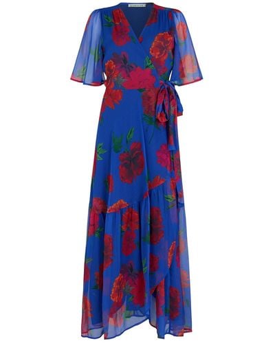 Hope & Ivy The Nour Flutter Sleeve Maxi Wrap Dress With Tie Waist - Blue
