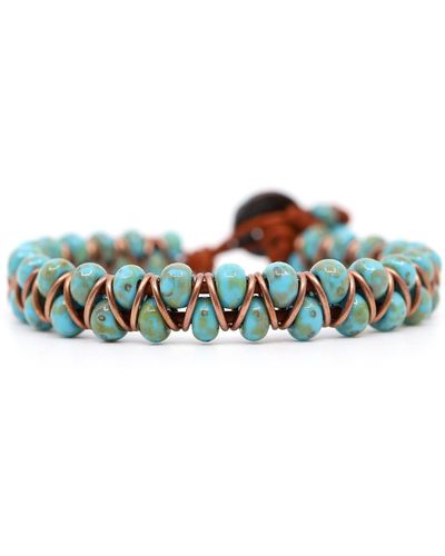 Shar Oke Turquoise Picasso, Antique Copper & Turkey Red Leather Beaded Bracelet - Blue