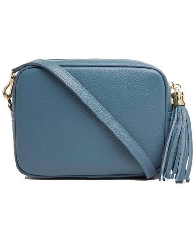 Betsy & Floss Verona Crossbody Tassel Bag In Denim With Pastel Strap - Blue