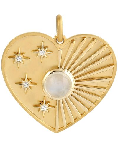 Artisan 14k Gold With Diamond & Moonstone Heart Sunrise In Star Accent Charm Pendant - Metallic