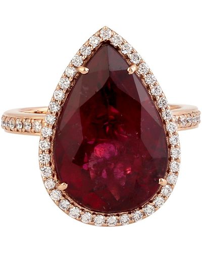 Artisan 18k Rose Gold In Pear Cut Tourmaline & Pave Diamond Designer Cocktail Ring - Red