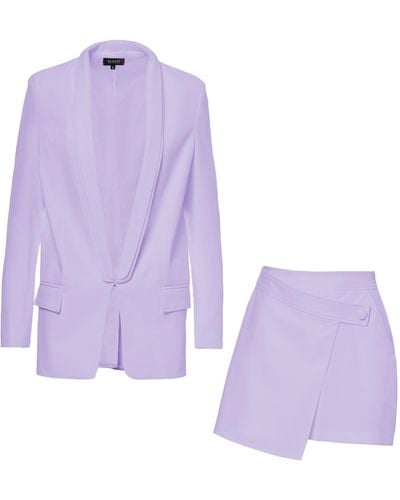 BLUZAT Liliac Suit With Oversized Blazer With Double Lapels And Shorts With Skirt - Purple
