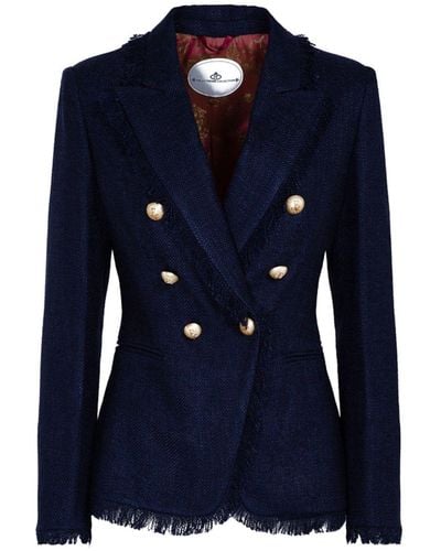 The Extreme Collection Double Breasted Navy Cotton Blend Blazer With Golden Buttons Treviso - Blue