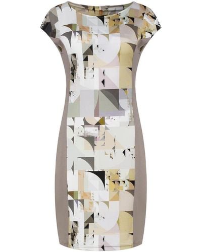 Conquista Neutrals Geometric Print Dress In Silky Stretch Jersey Fabric - Metallic