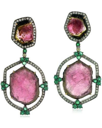 Artisan Multi Tourmaline Emerald Gemstone Dangle Earrings 925 Silver Diamond Jewelry - Multicolor