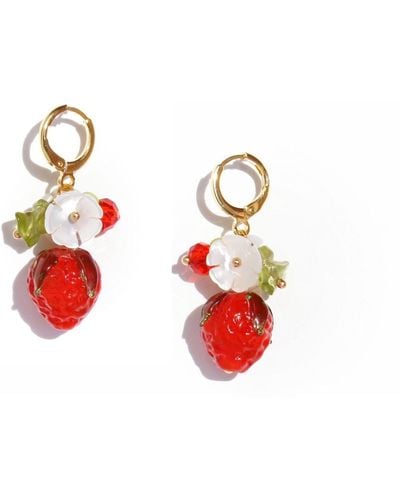 I'MMANY LONDON Strawberry And Mother Of Pearl Flower Drop Earrings - Red