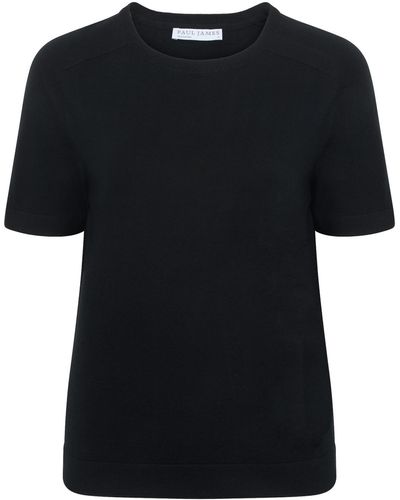 Paul James Knitwear S Ultra Fine Cotton Cassie Saddle Shoulder Knitted T-shirt - Black