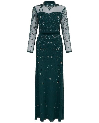 Raishma Ashley A High Neckline, Velvet Waistband, & Sheer Long Sleeves With Floral Beading Gown - Green