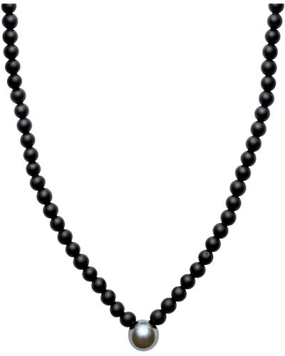 Ora Pearls Aro Men's Round Tahitian Pearl & Matt Onyx V Shape Necklace - Metallic