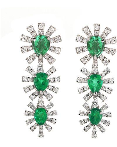 Artisan Pear Cut Emerald Gemstone & Diamond Prong Set In 18k White Solid Gold Dangle Earrings - Green