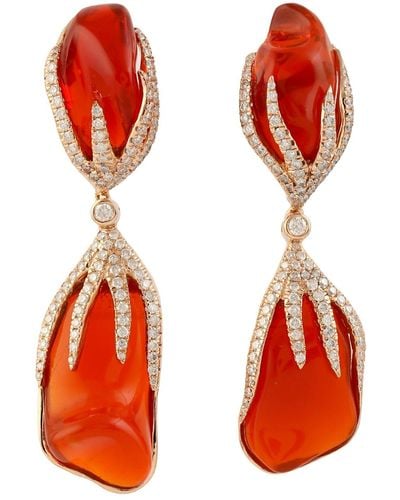 Artisan 18k Yellow Gold Pave Diamond Fire Opal Dangle Earrings Jewelry - Red