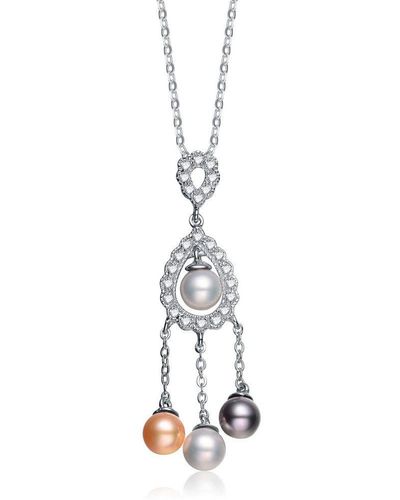 Genevive Jewelry Sterling Cubic Zirconia Yellow White And Black Cultured Pearl Dangling Pendant Necklace - Metallic