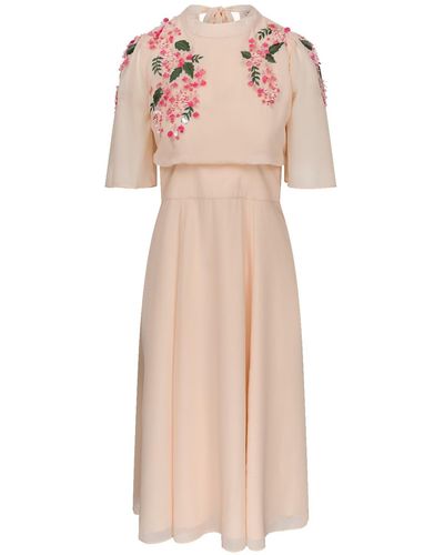 Hope & Ivy The Suki Embellished Midi Dress With Contrast Beading And Bow Tie Neck Detail - Pink