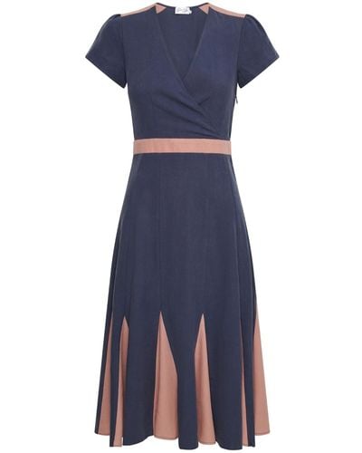 Deer You Lillian Lushing Midi Dress With Fluted Godet Panels In Denim And Blush Pink - Blue