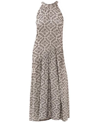 Haris Cotton Embroidered Maxi Linen Blend Dress With Halter Neck - Gray