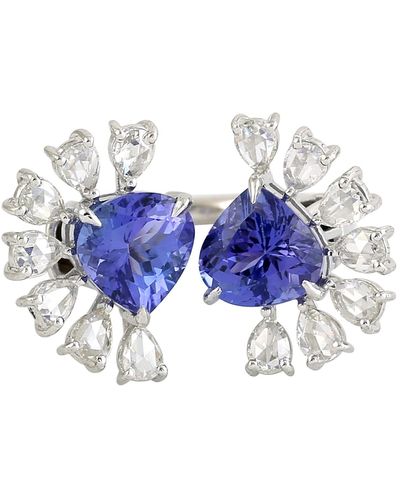 Artisan 18k White Gold In Heart Shape Tanzanite & Rose Cut Diamond Bypass Designer Ring - Blue