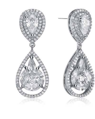 Genevive Jewelry Sterling Silver White Gold Plated Howlite Cubic Zirconia Halo Drop Earrings - Metallic