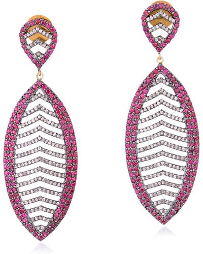 Artisan Ruby Diamond 14k Gold Silver Marquise Shape Dangle Earrings Jewellery - Red