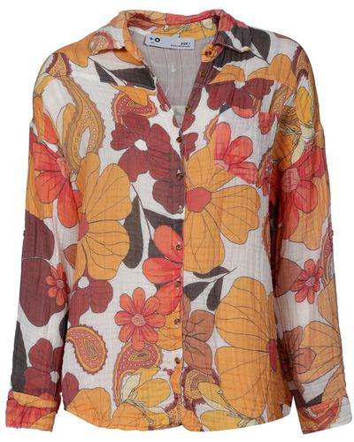 Naftul Organic Cotton 70's Inspired Floral Print Boho Button Down Shirt - Multicolor