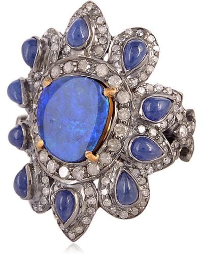 Artisan Diamond Gemstone Gold 925 Sterling Silver Flower Cocktail Ring Jewelry - Blue