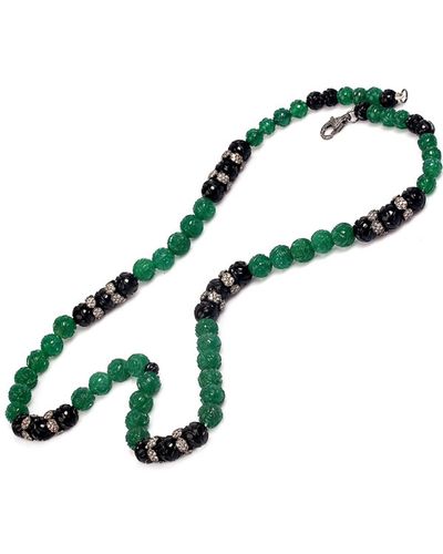 Artisan Carving Onyx Diamond Sterling Silver Beaded Necklace Jewelry - Green