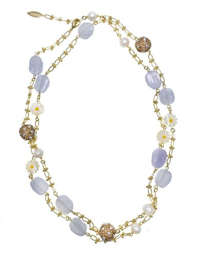 Farra Lace Agate With Sunflower Shell & Rhinestones Multi-way Chain Necklace - Blue