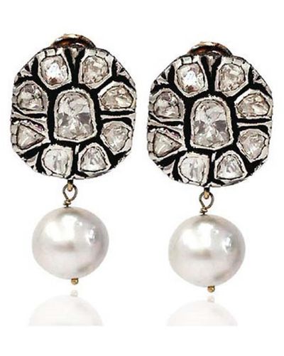Artisan Pearl Uncut Diamond Dangle Earrings Gold 925 Sterling Silver Jewelry - Black