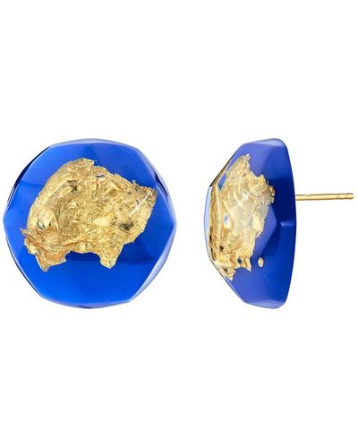 Gold & Honey 24k Gold Leaf Button Stud Earrings In Royal Blue