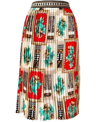 L2R THE LABEL Embroidered Pleated Scarf Midi Skirt In Beige & Red